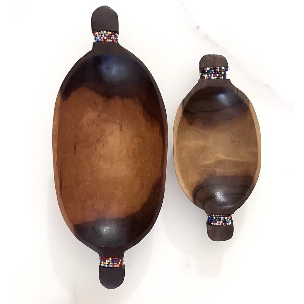 Vintage Hand Carved Bowl Set African Olive Wood Beaded Handles